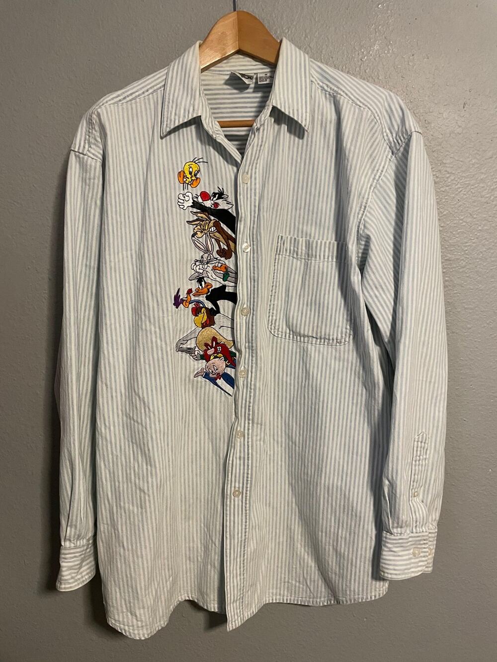 Vintage ACME Looney Tunes Shirt Mens Medium Striped Long Sleeve Button 90s READ